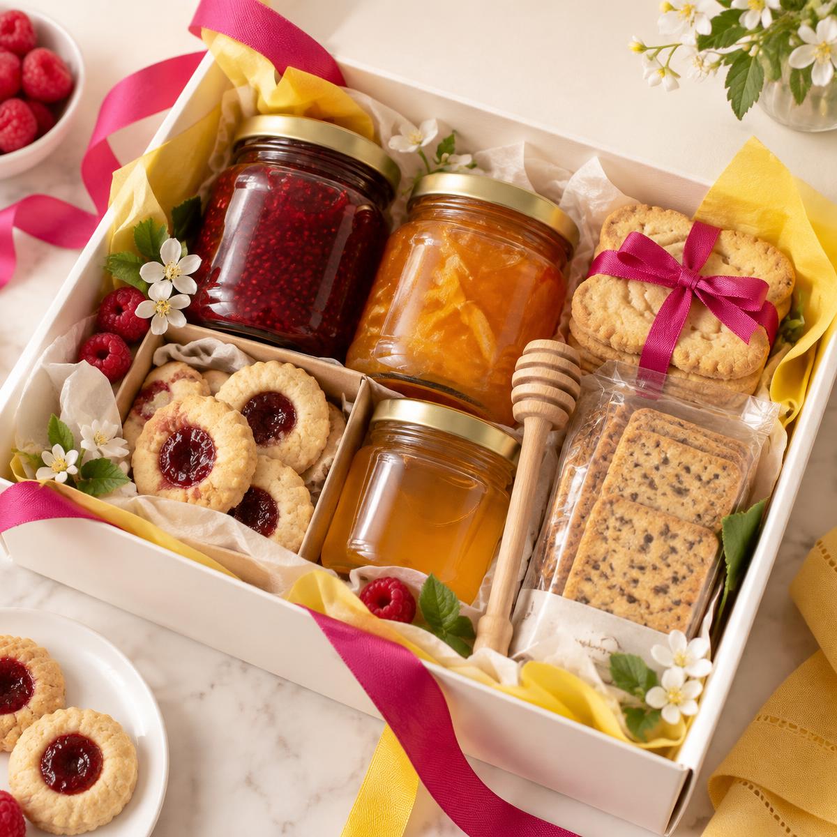 Jam hamper with preserves and biscuits