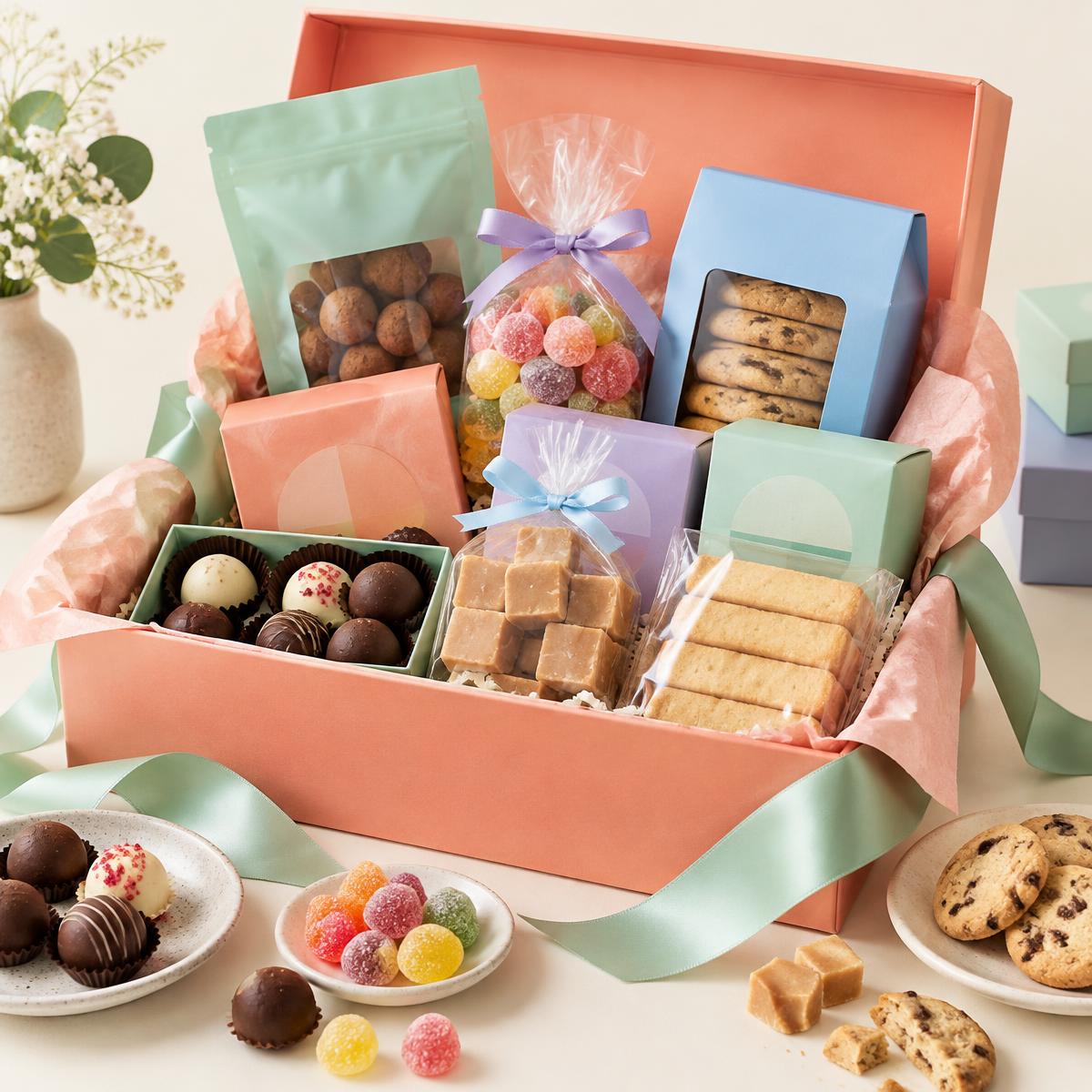 Sweet hamper with chocolates and fudge
