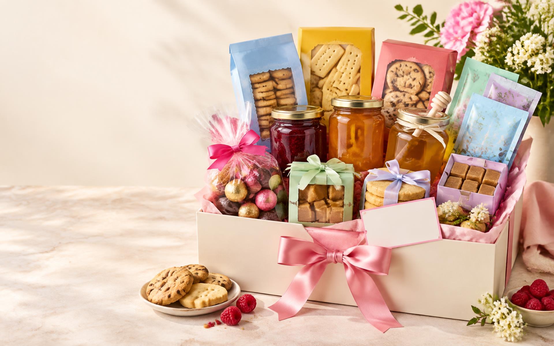 Colourful food hamper with jam, biscuits, chocolates and ribbons